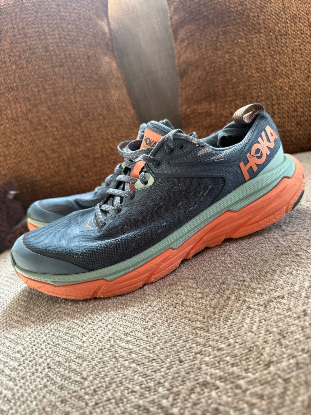 Hoka womenโs Teal and Coral Athletic Running Shoes